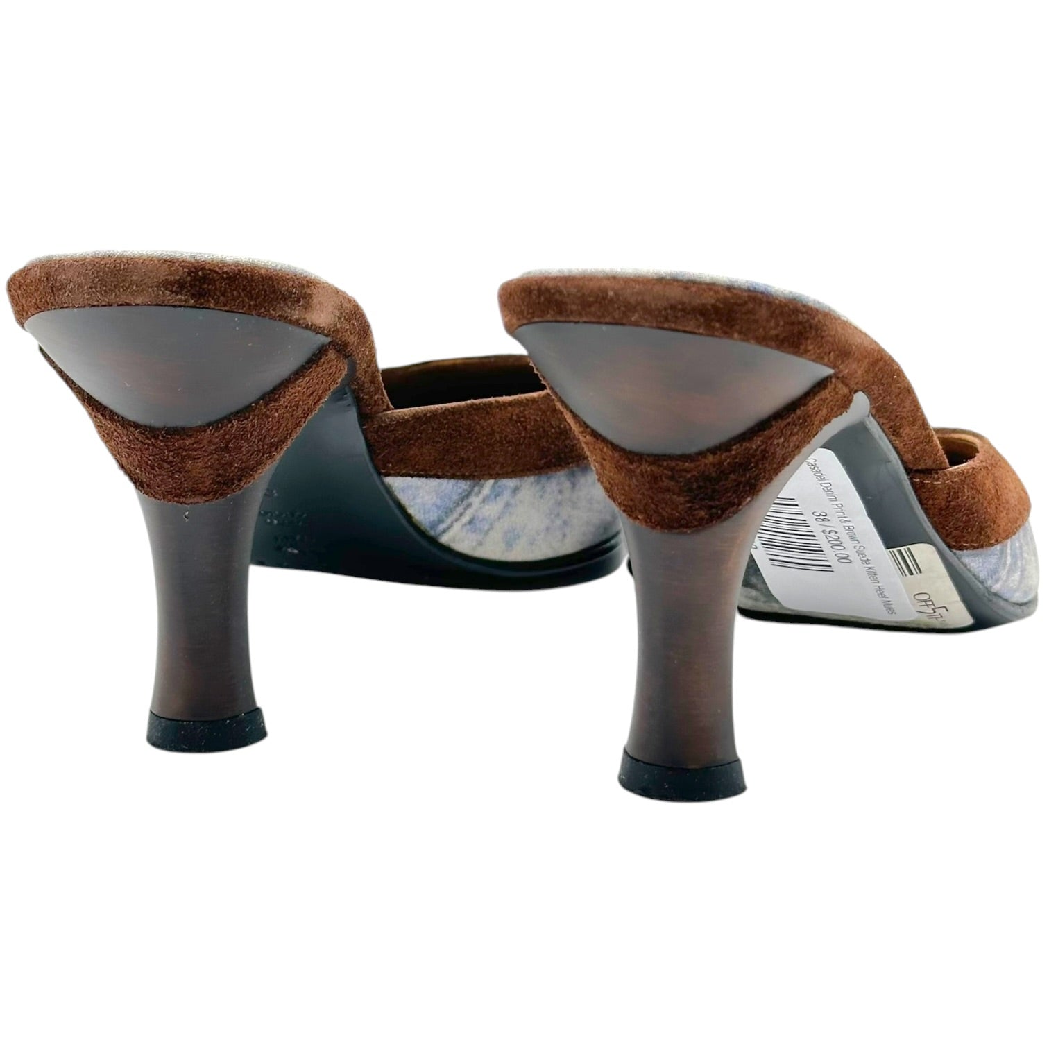 Casadei Denim Print Brown Suede Kitten Heel Mules