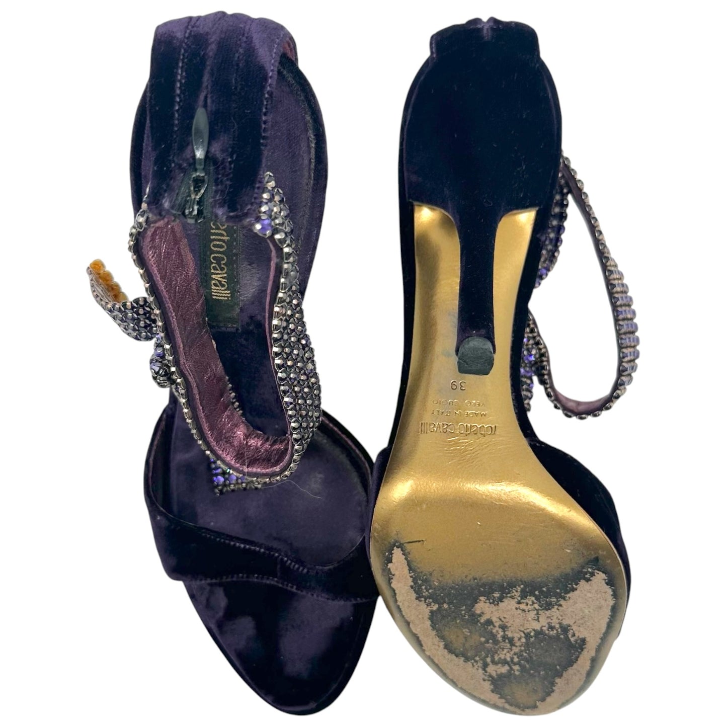 Roberto Cavalli Purple Velvet & Crystal Ankle Strap Heeled Sandals