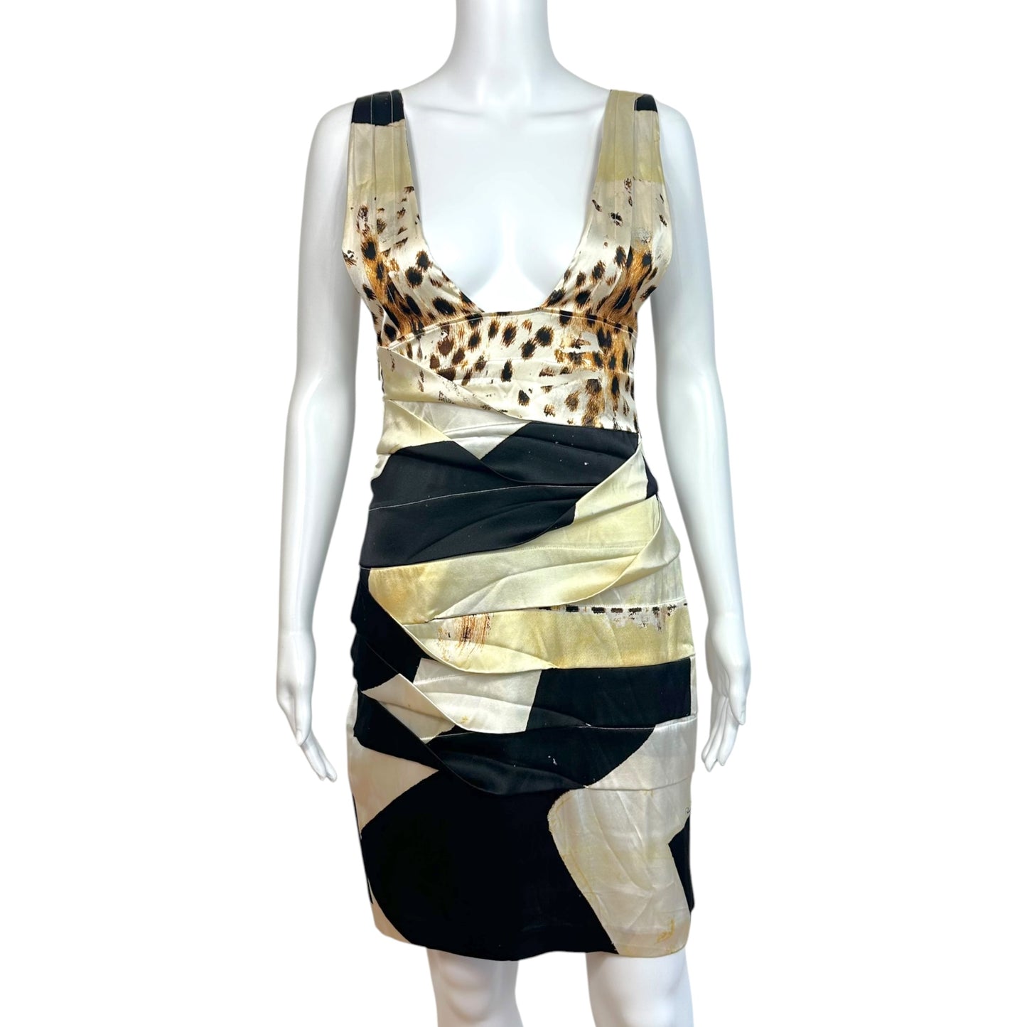 Roberto Cavalli Black & Ivory Striped Leopard Print Silk Plunge Mini Dress