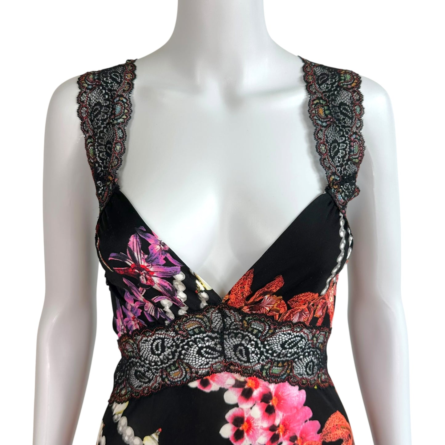 Roberto Cavalli Black Pink Floral Lace Trim Midi Dress