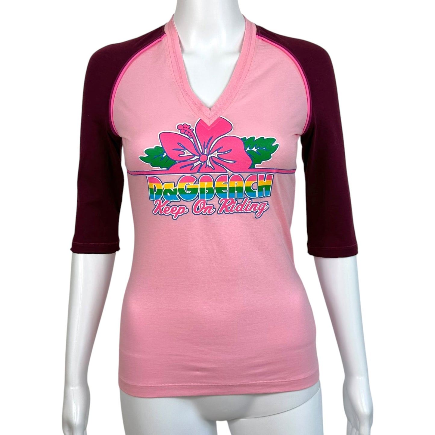 D&G Dolce & Gabbana Beachwear Pink Hibiscus Logo 1/2 Sleeve T-Shirt