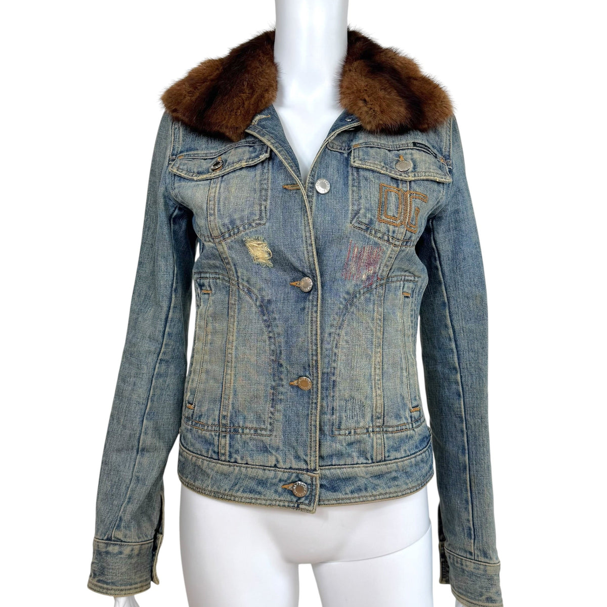 Dolce & Gabbana Denim Logo Embroidered Jacket w/ Mink Fur Collar