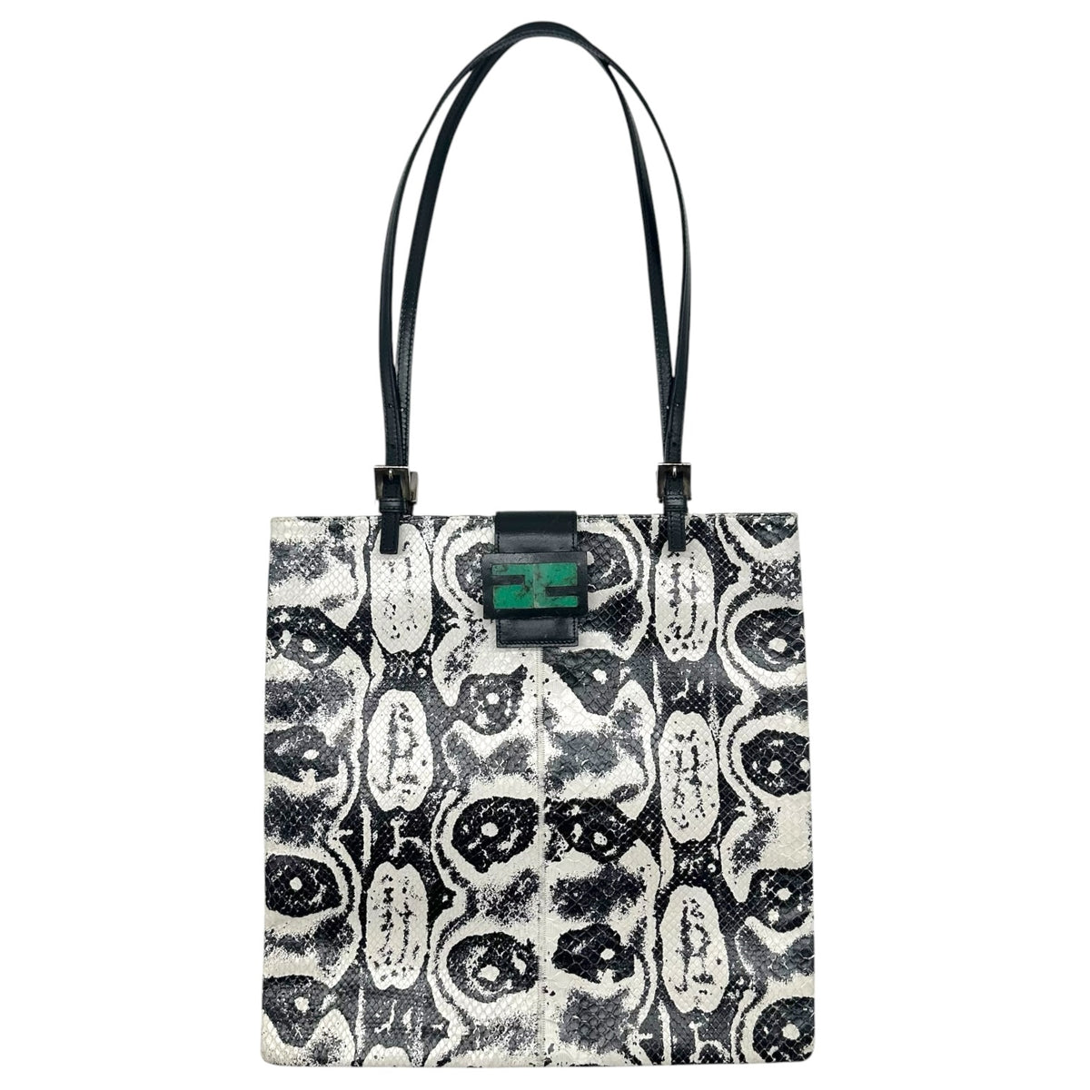 Fendi Baguette Tote Bag Black White Printed Snakeskin
