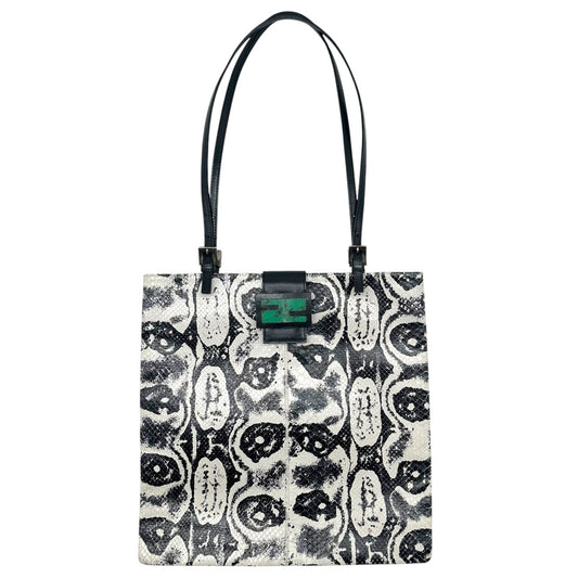 Fendi Baguette Tote Bag Black White Printed Snakeskin