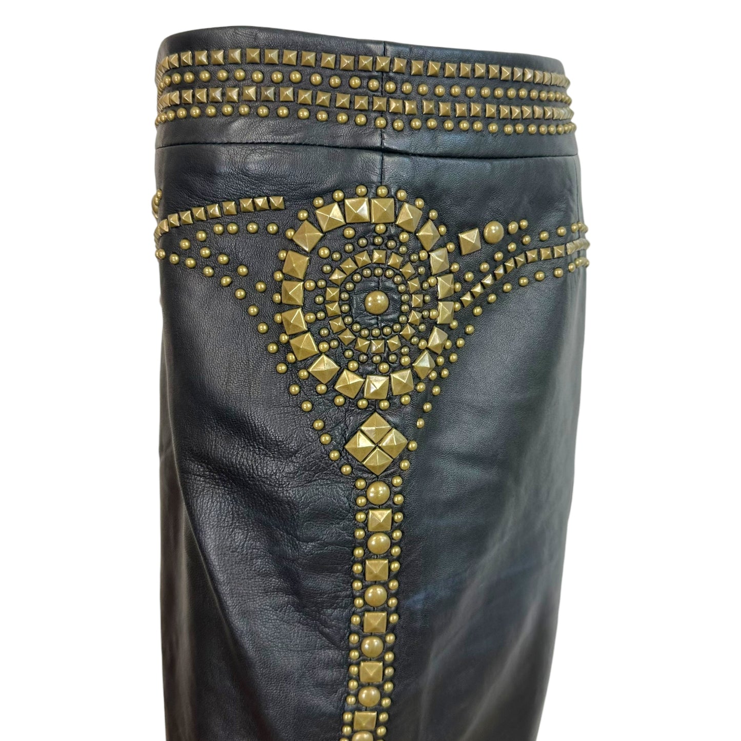 Roberto Cavalli F/W 2005 Black Leather & Gold Studded Midi Skirt