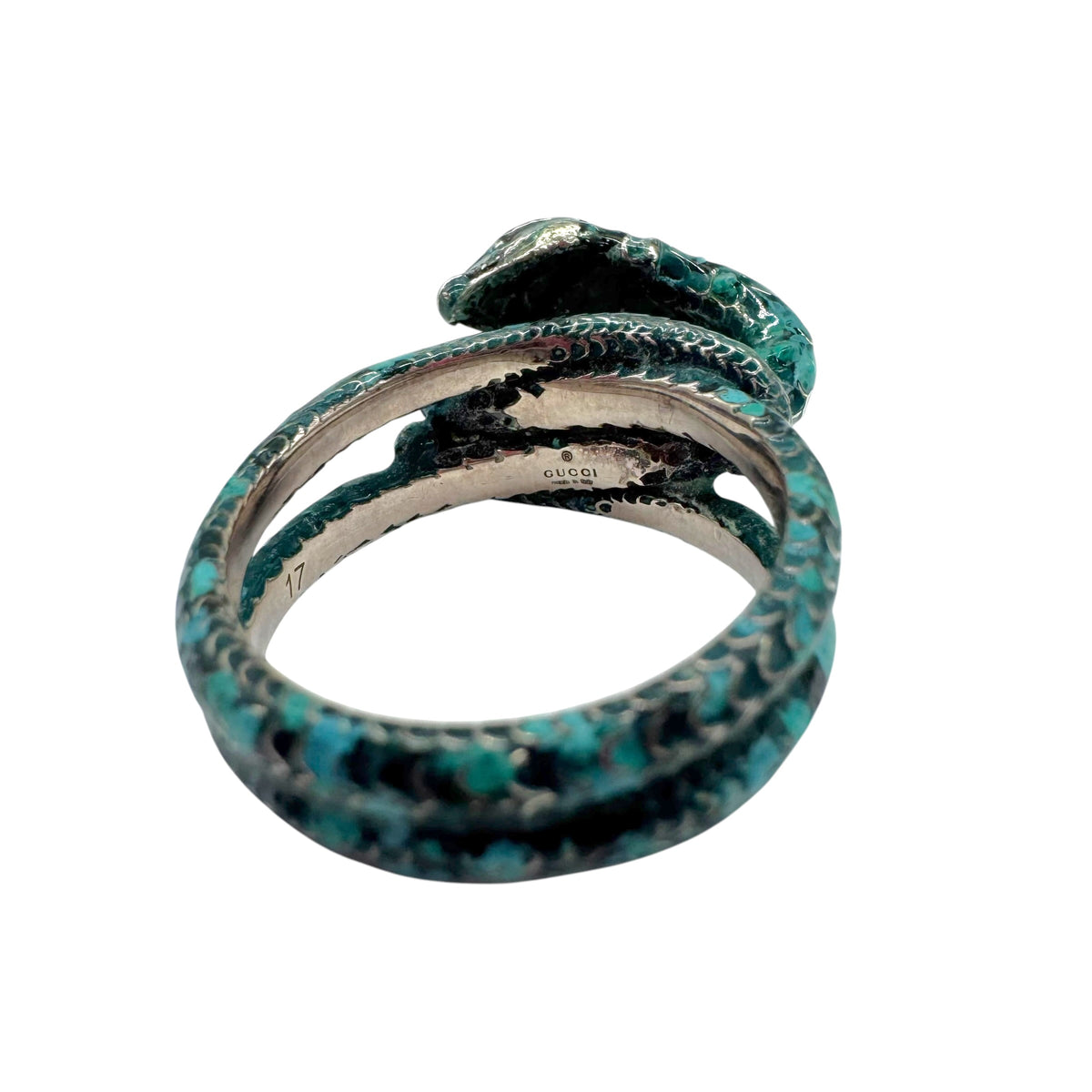 Gucci Turquoise Silver Snake Cocktail Ring Size 7.5