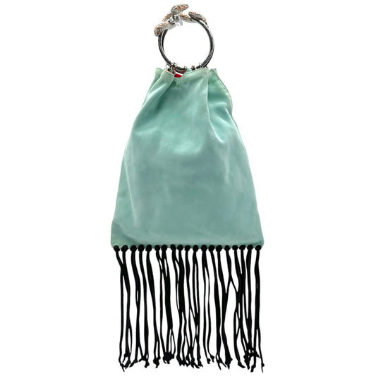 Valentino Garavani Turquoise & Brown Suede Fringe Trim Bracelet Handle Clutch Bag