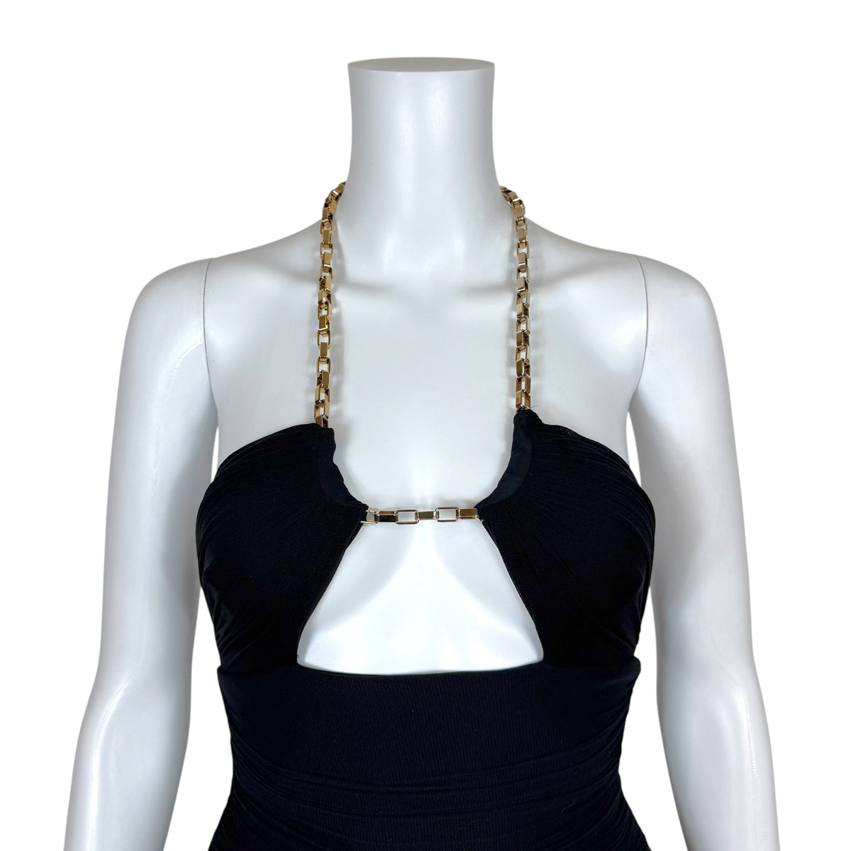 Dsquared2 Black Ruched Halter Mini Dress with Gold Chain