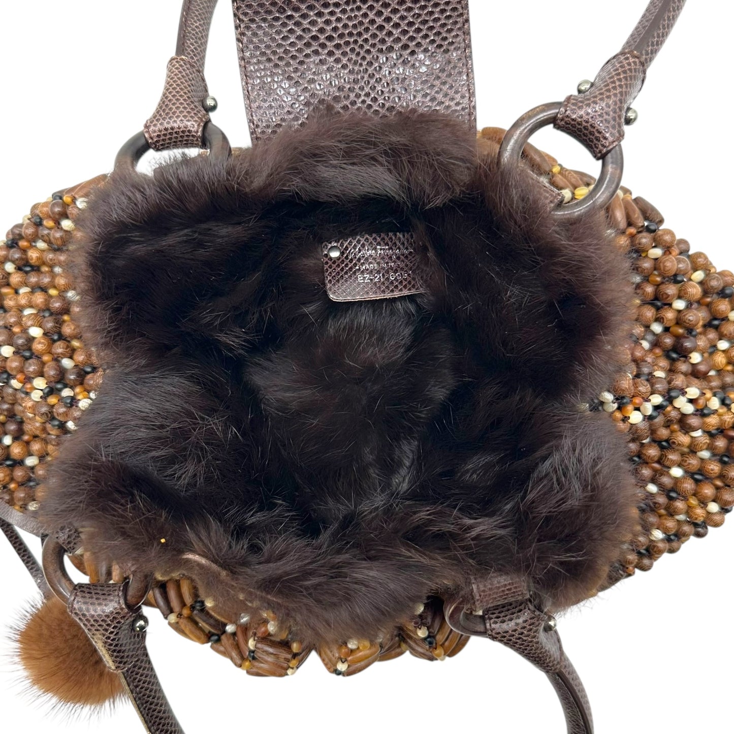 Salvatore Ferragamo Brown Fur Trim Wood Beaded Shoulder Bag