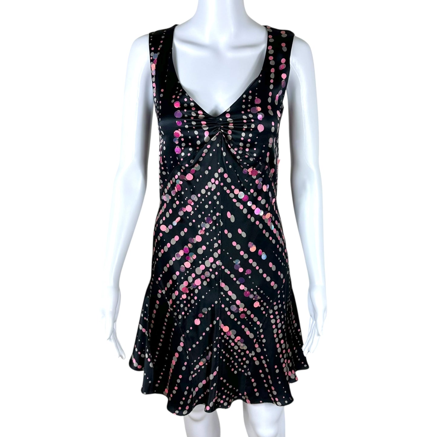 Sportmax Black & Pink Polka Dot Sequin Embellished Silk Mini Dress