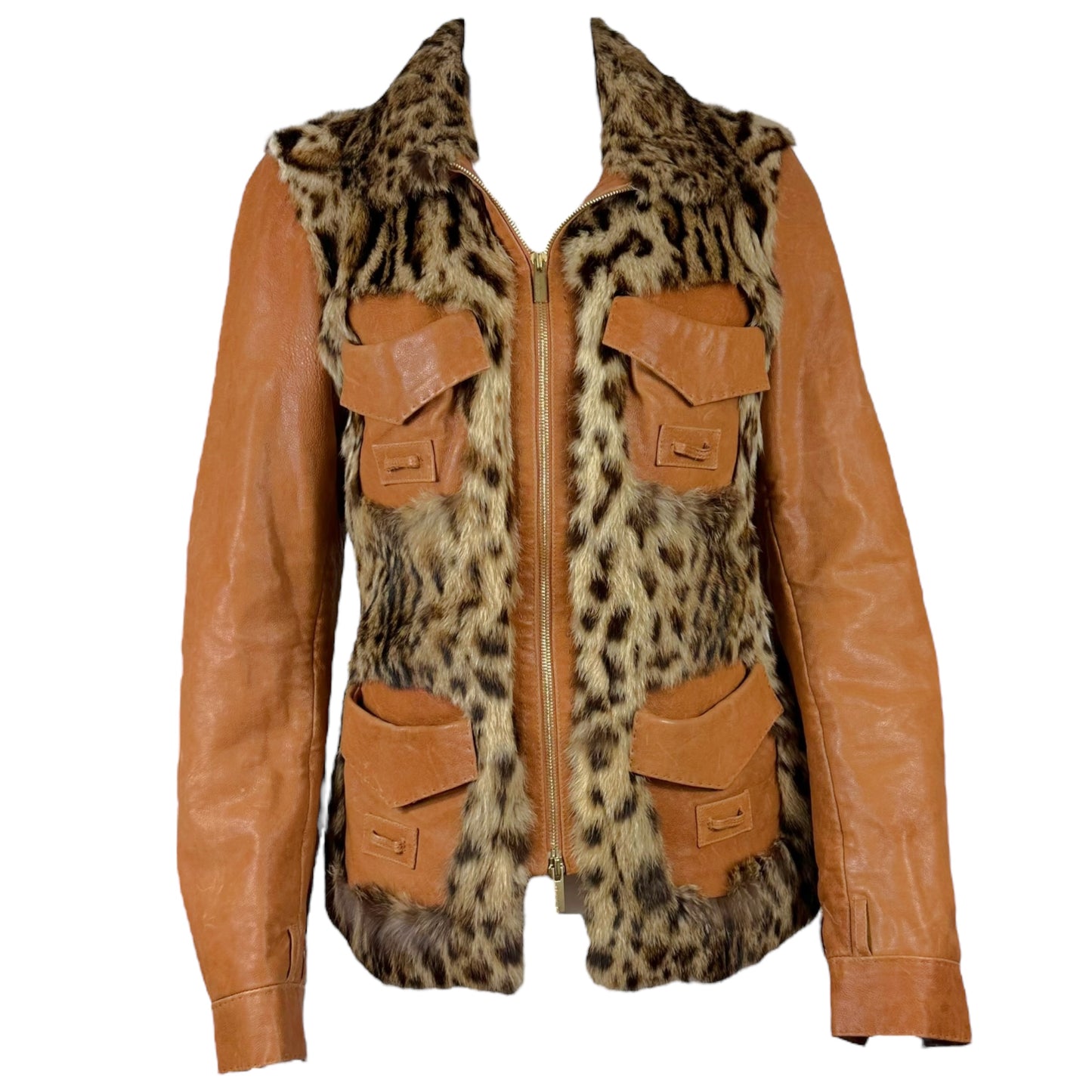Roberto Cavalli Leopard Print Fur & Tan Leather Jacket