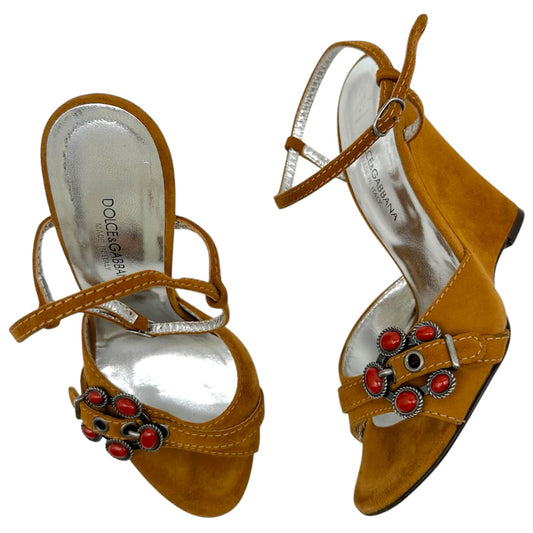 Dolce & Gabbana Brown Suede Wedge Heels with Red Stones