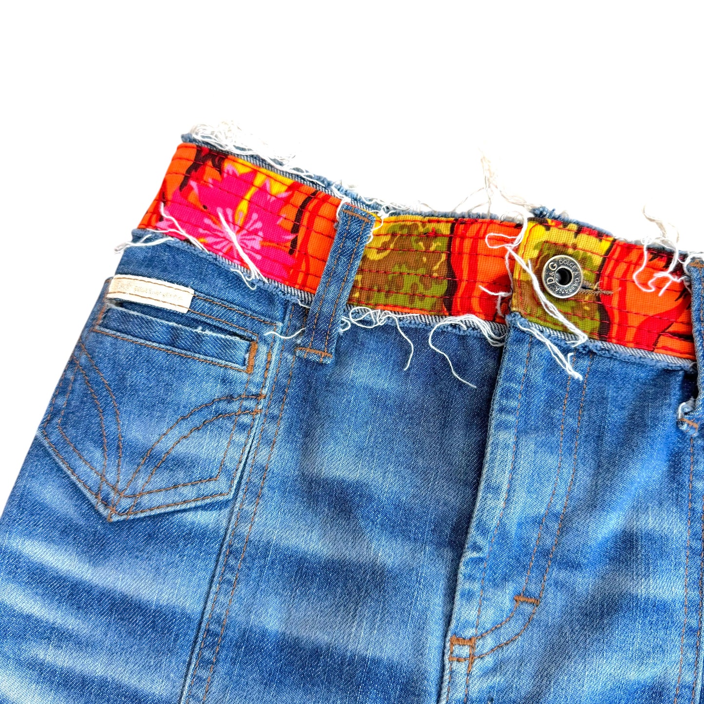 D&G Dolce & Gabbana Denim & Floral Waistband Midi Skirt