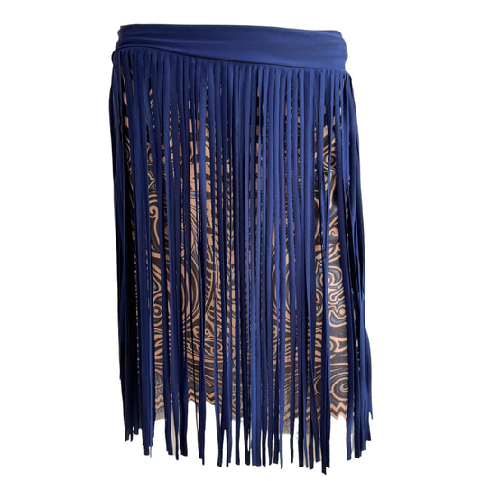 Jean Paul Gaultier Soleil Blue & Beige Tribal Print Mesh Midi Skirt w/ Fringe Overlay