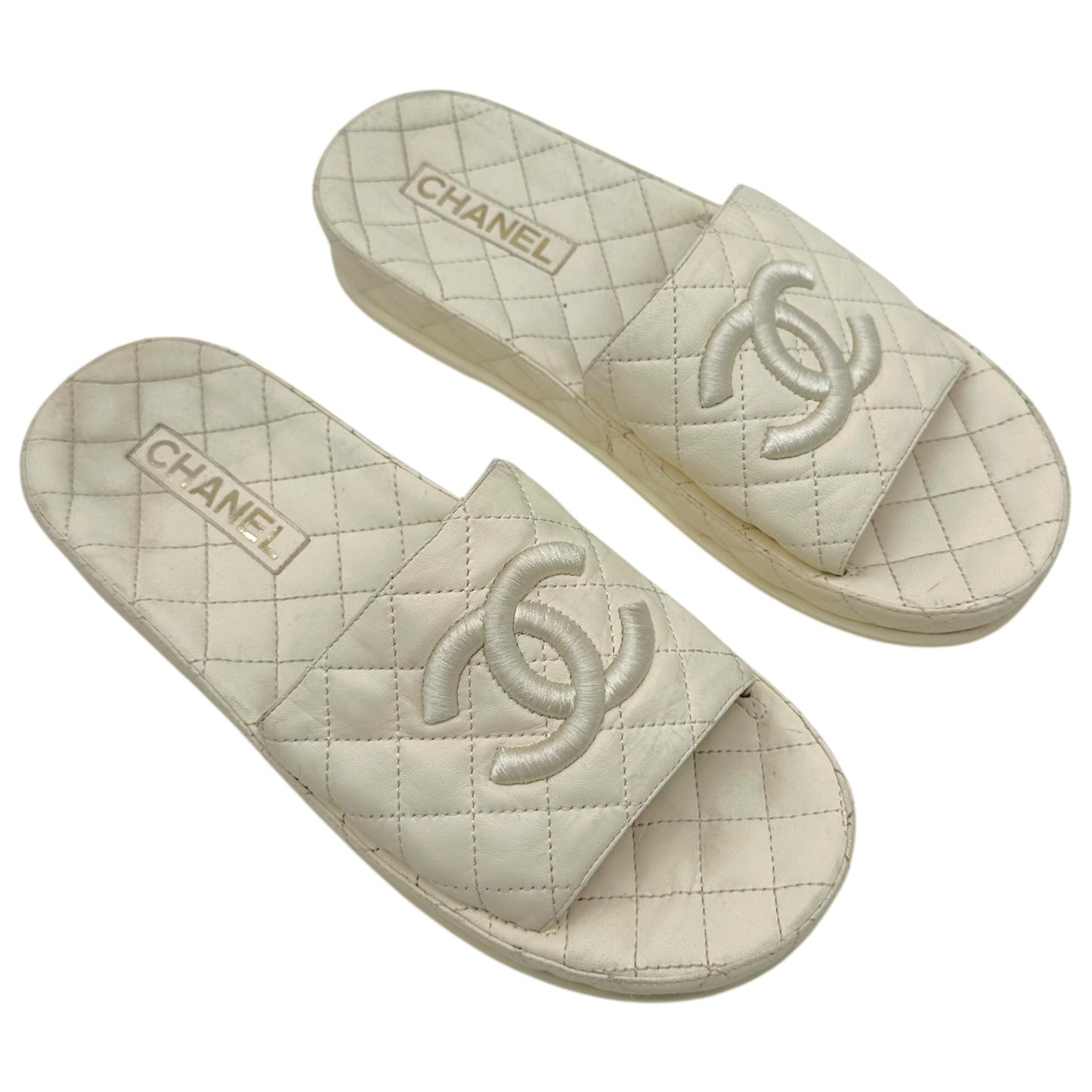 Chanel Ivory CC Logo Matelasse Quilted Slide Sandals