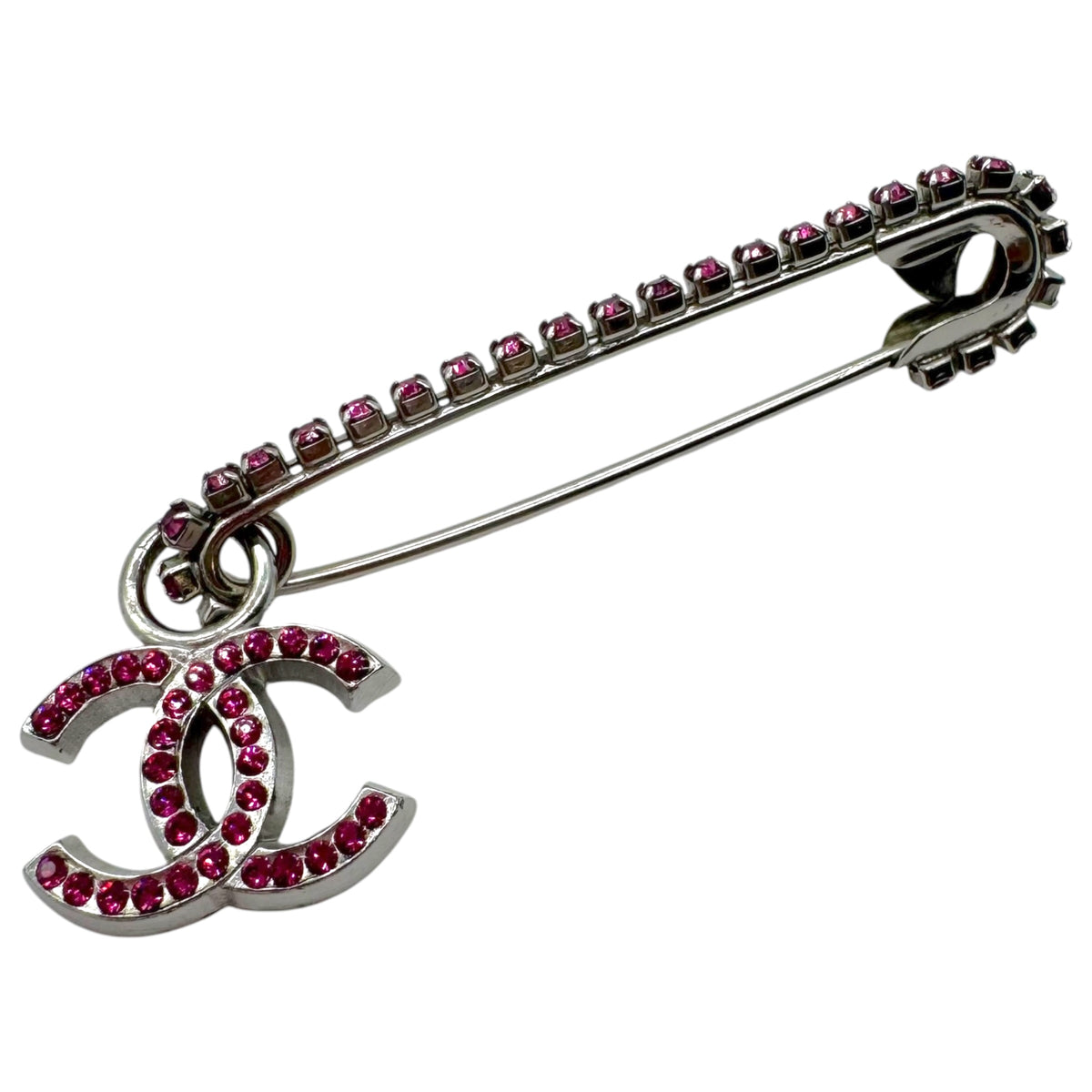 Chanel Silver Pink Crystal CC Logo Safety Pin Brooch