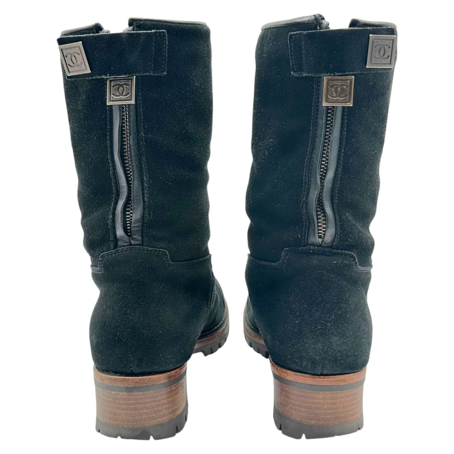 Chanel Sport Black Suede Shearling Lined Engineer Boots