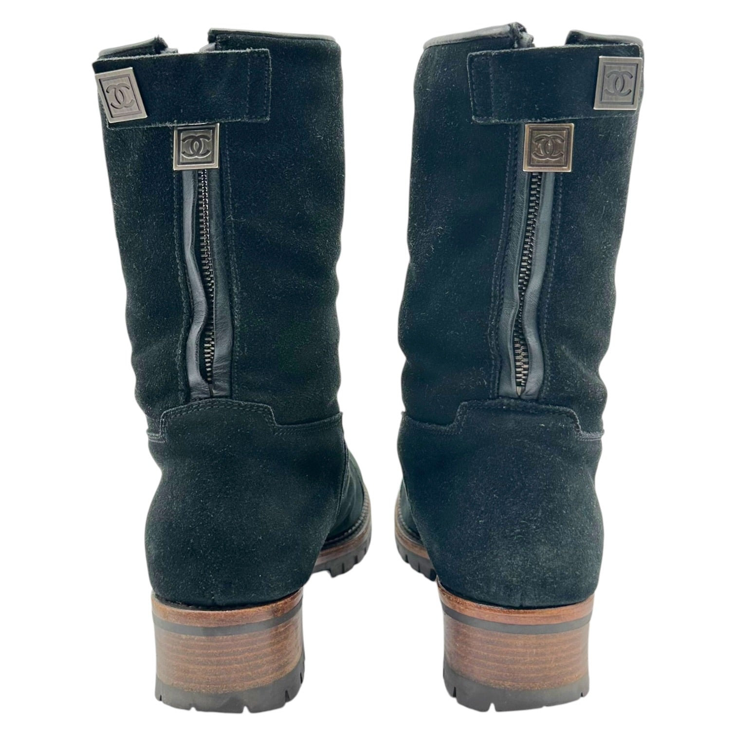 Chanel Sport Black Suede Shearling Lined Engineer Boots