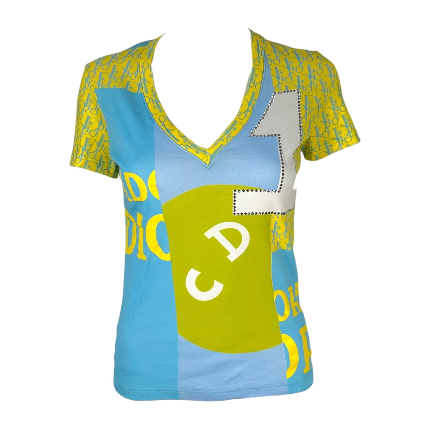 Christian Dior S/S 2005 Blue & Yellow Rhinestone Logo T-Shirt NEW