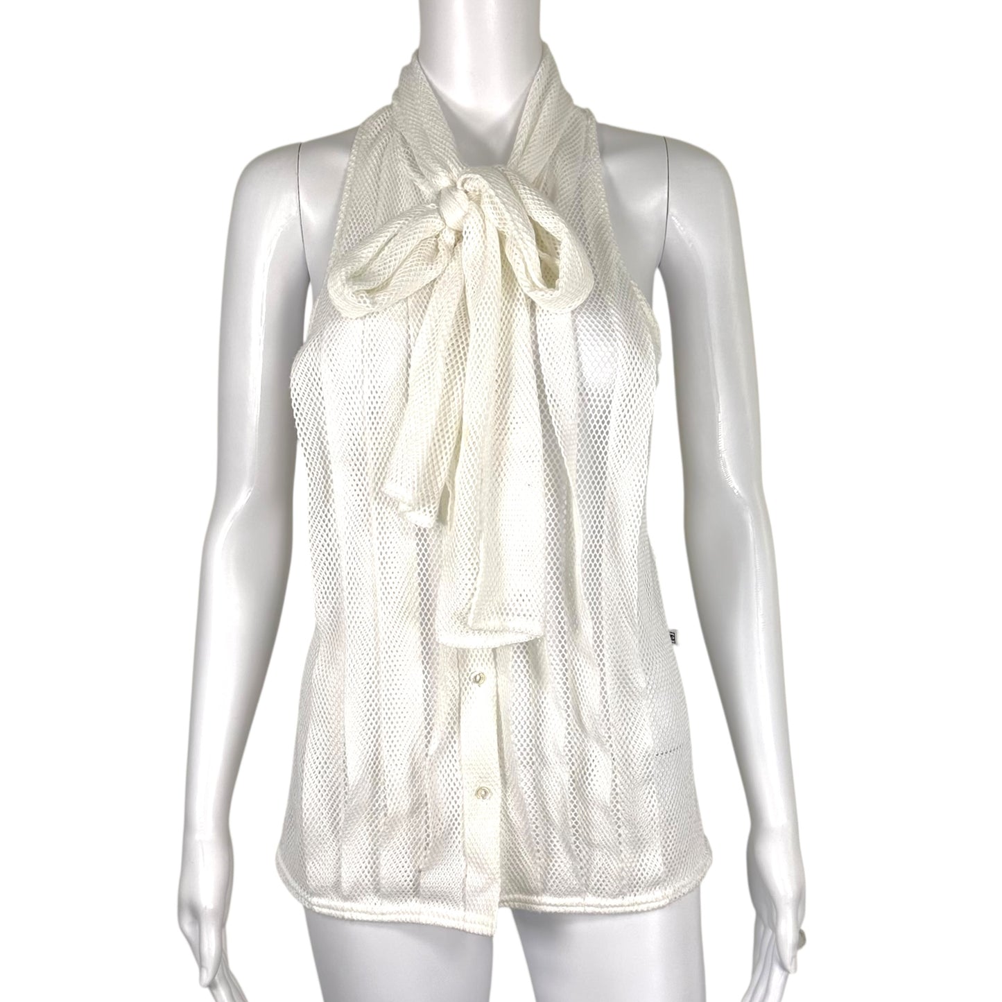 Chanel Sport White Sheer Open Mesh Tie Neck Blouse