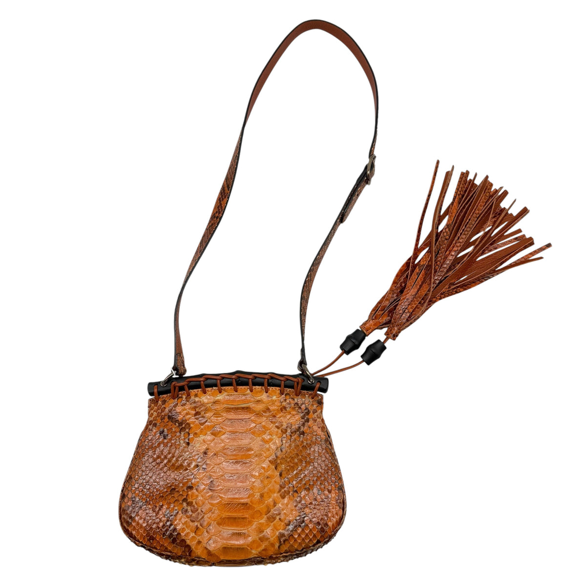 Gucci Orange Python Crossbody Bag With Bamboo Fringe