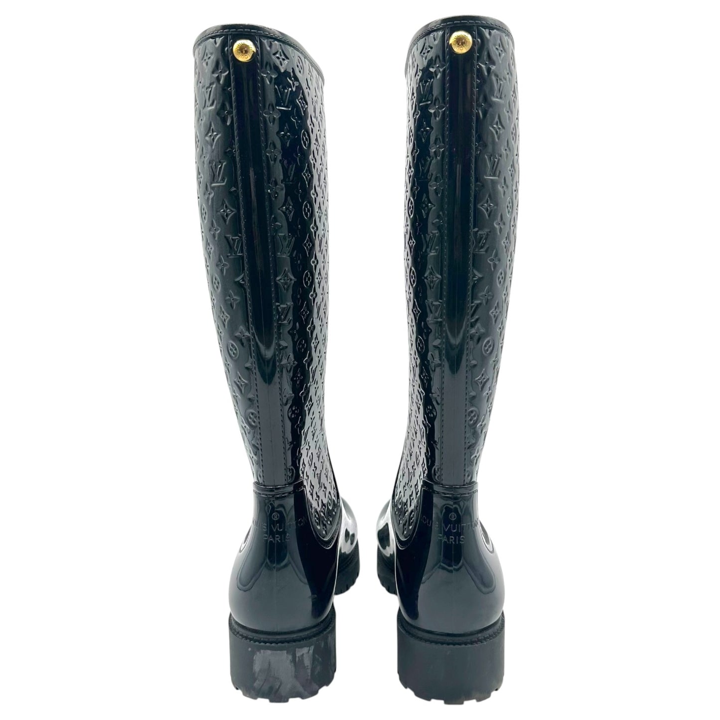 Louis Vuitton Black Shiny Rubber Embossed Monogram Rain Boots