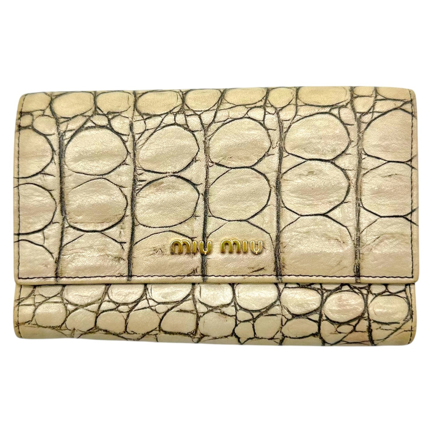 Miu Miu Ivory Faux Croc Tri-Fold Wallet