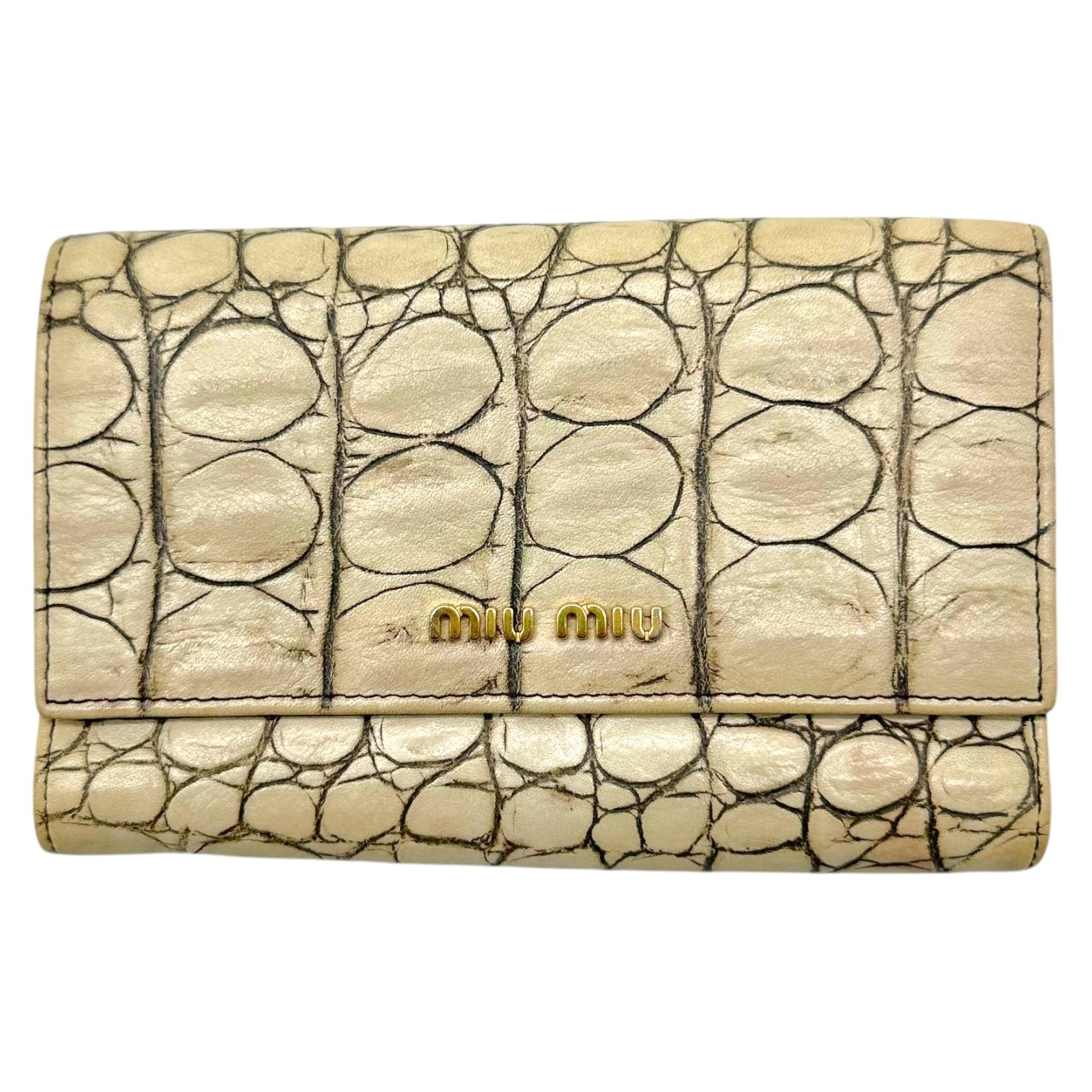 Miu Miu Ivory Faux Croc Tri-Fold Wallet