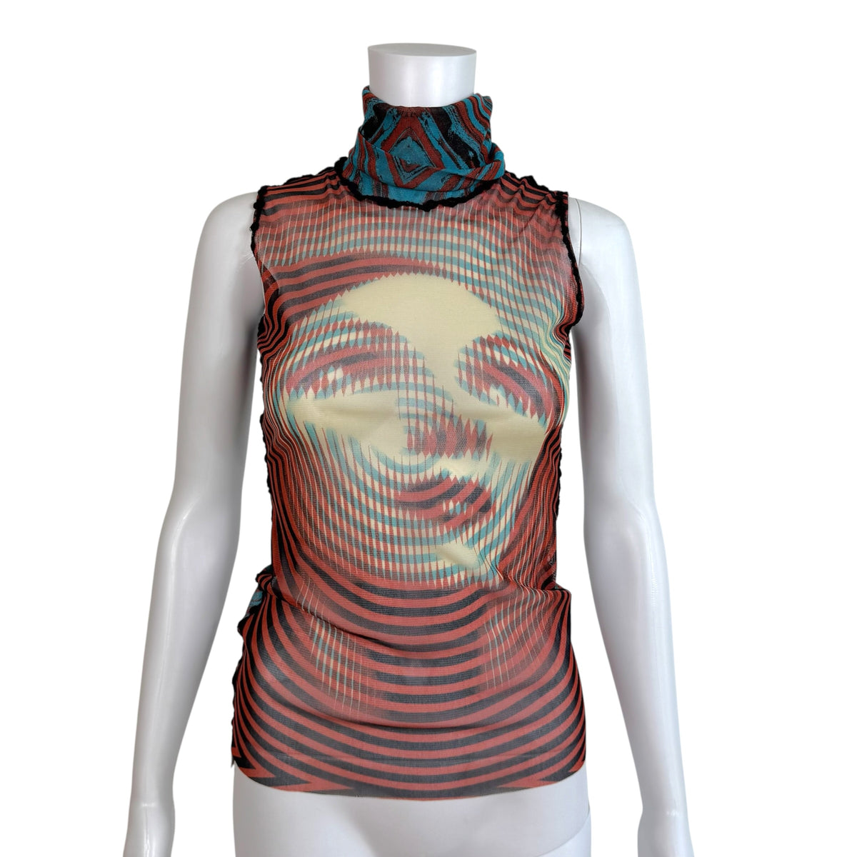 Jean Paul Gaultier F/W 2001 Marlene Dietrich Face Print Mesh Sleeveless Turtleneck Top