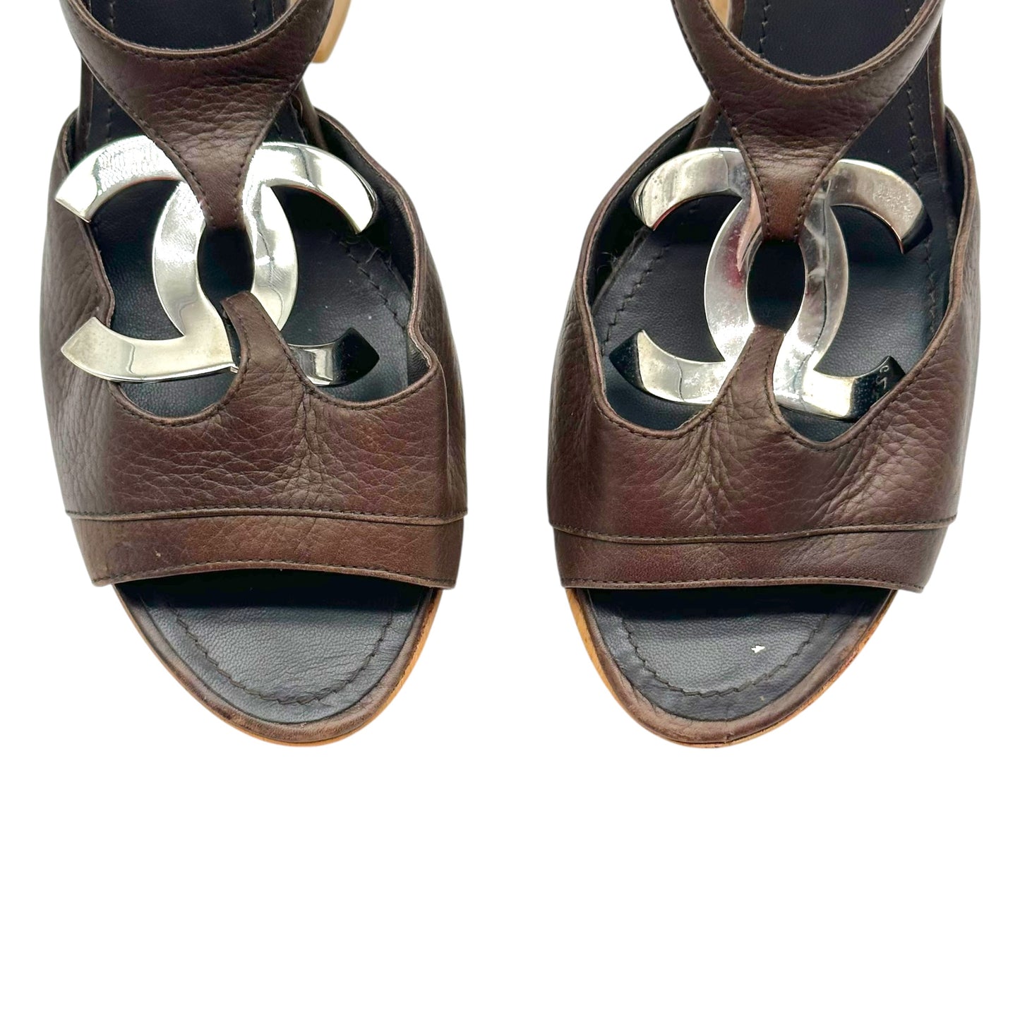 Chanel Brown Leather CC Logo Wooden Platform Heeled Sandals