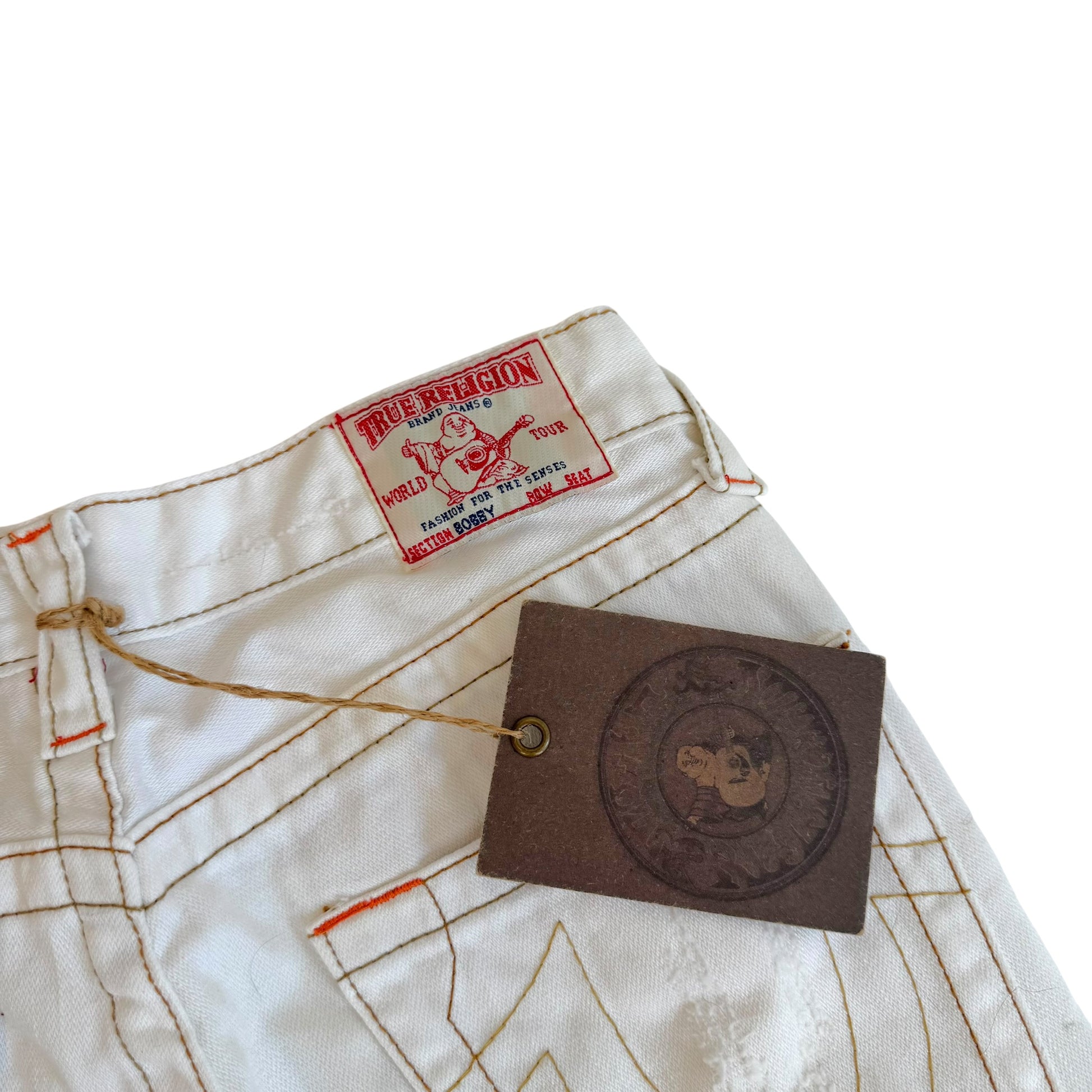 True Religion White Low Rise Flare Jeans with Embroidery