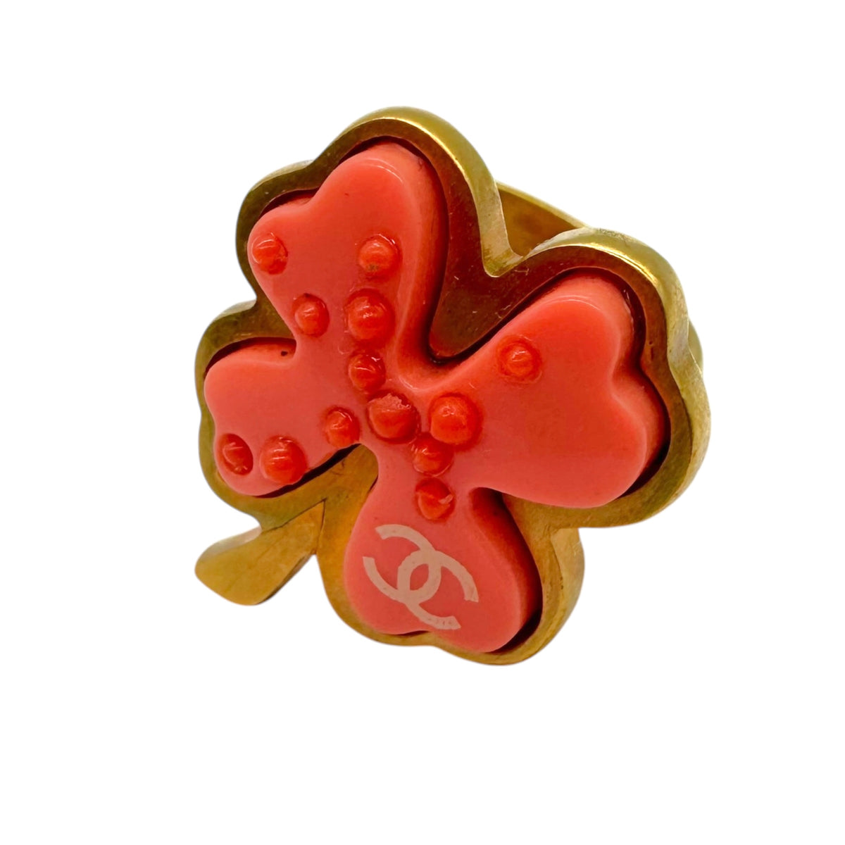 Chanel Four Leaf Clover Logo Ring Pink Gold Size 6