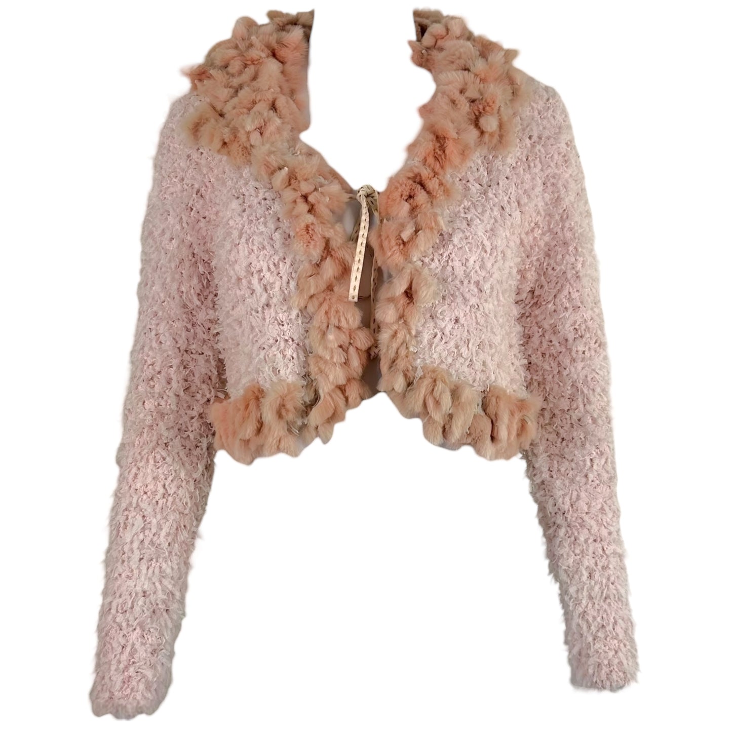 Fendi Pink Rabbit Fur Trim Cropped Knit Cardigan