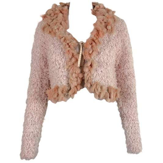 Fendi Pink Rabbit Fur Trim Cropped Knit Cardigan