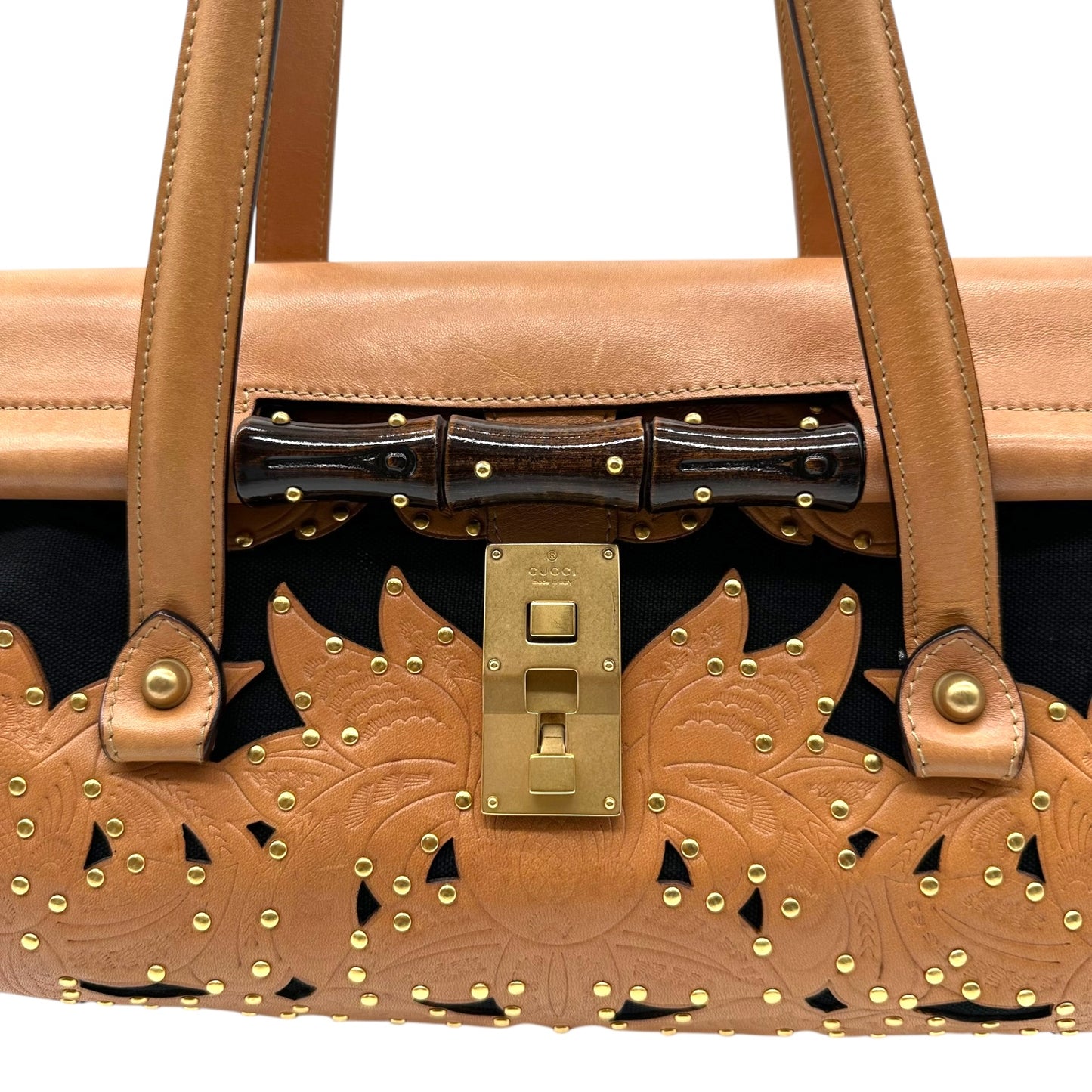 Gucci Tan Leather & Black Canvas Studded Bamboo Bullet Bag
