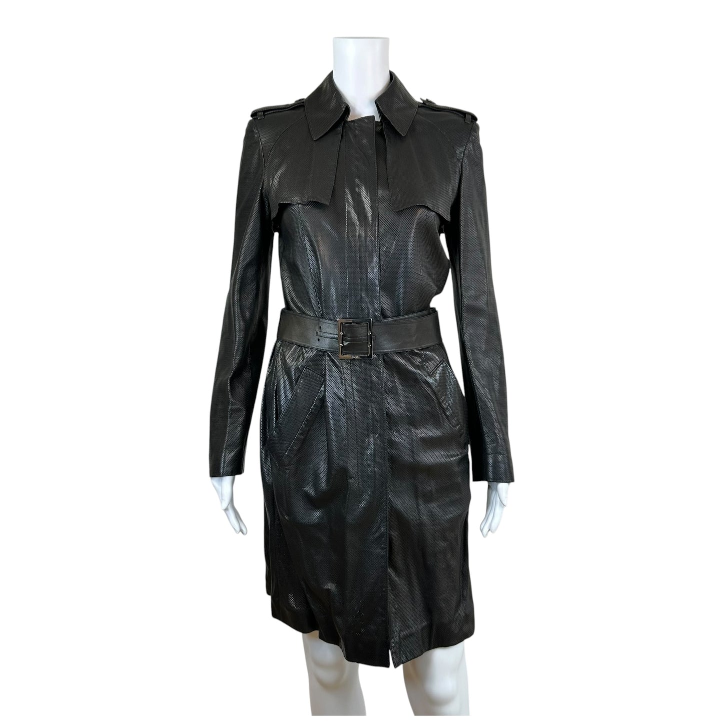 Gucci Black Perforated Leather Trench Coat