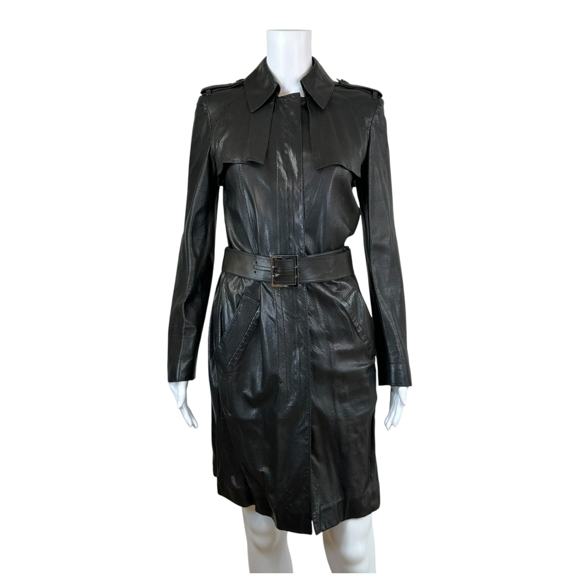 Gucci Black Perforated Leather Trench Coat