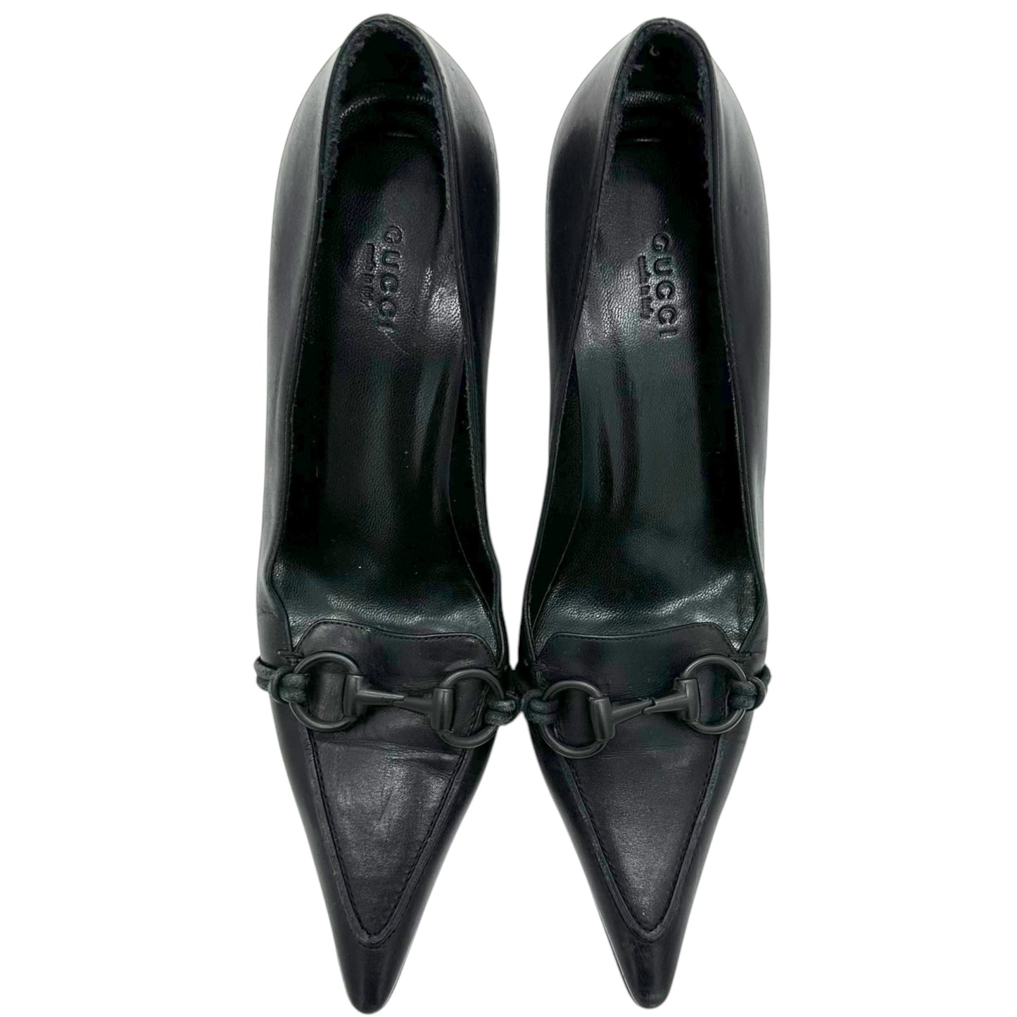 Gucci Black Leather Pointed Toe Horsebit Heels