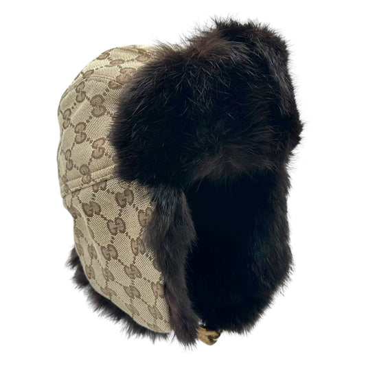 Gucci Tan Monogram & Rabbit Fur Trapper Hat KIDS