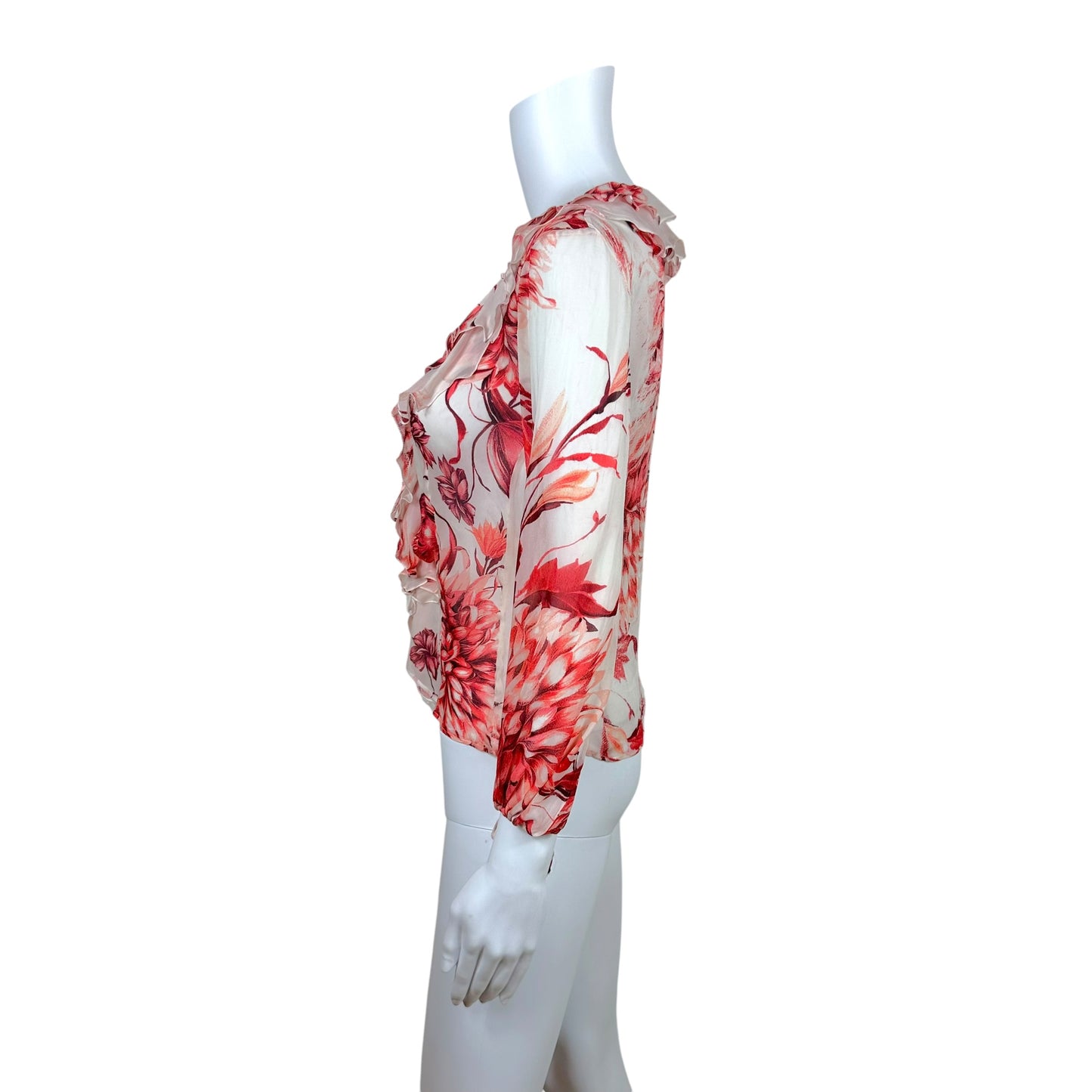 Roberto Cavalli 2002 Pink & White Floral Sheer Silk Ruffle Trim Blouse