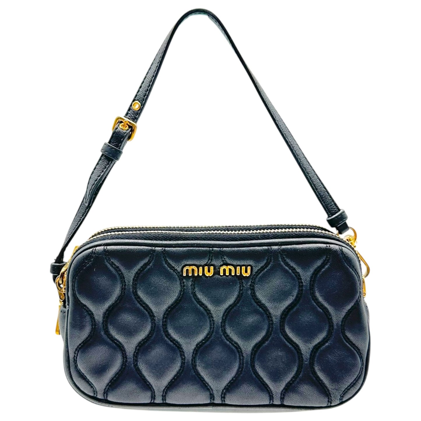 Miu Miu Black Gold Quilted Leather Mini Pochette Bag