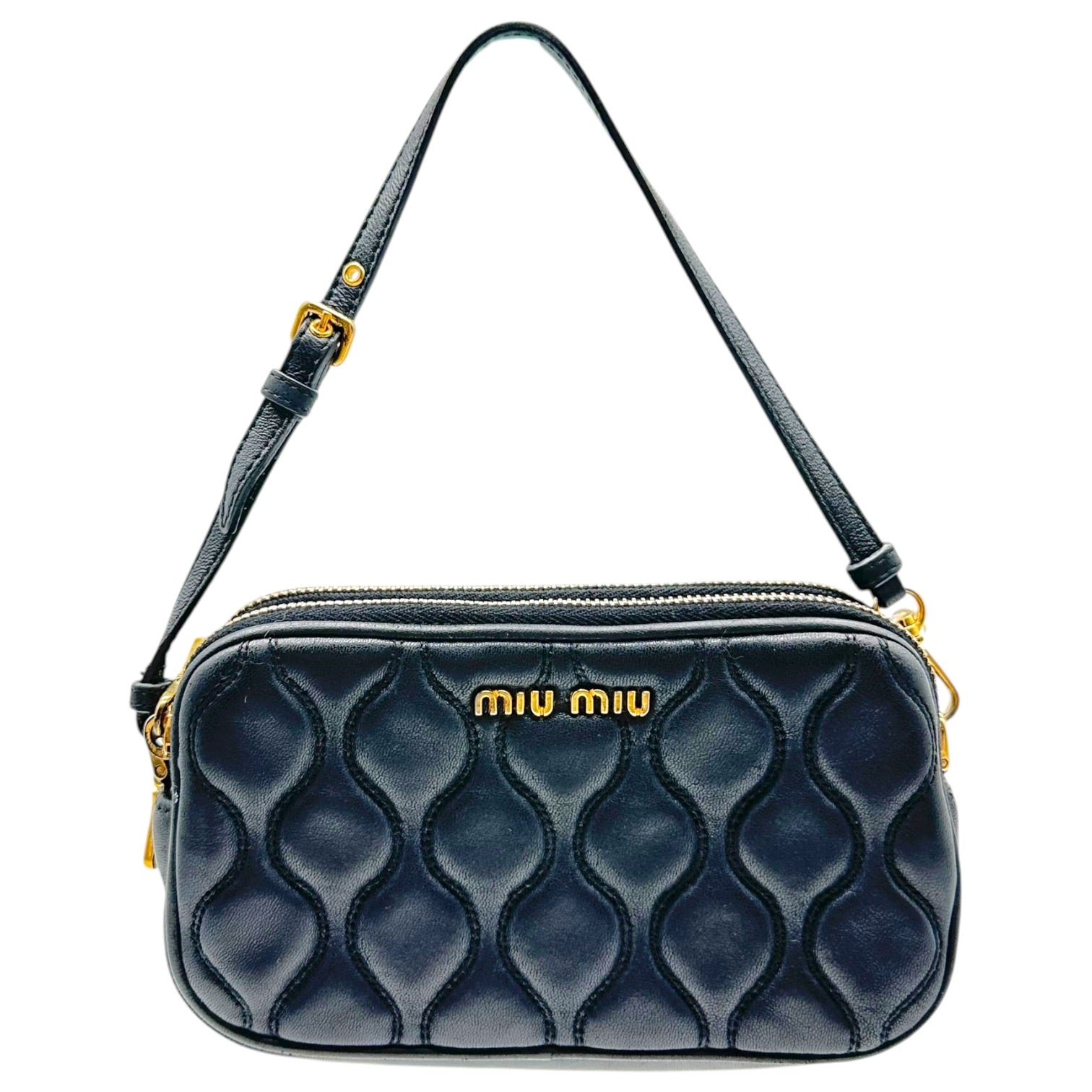 Miu Miu Black Gold Quilted Leather Mini Pochette Bag