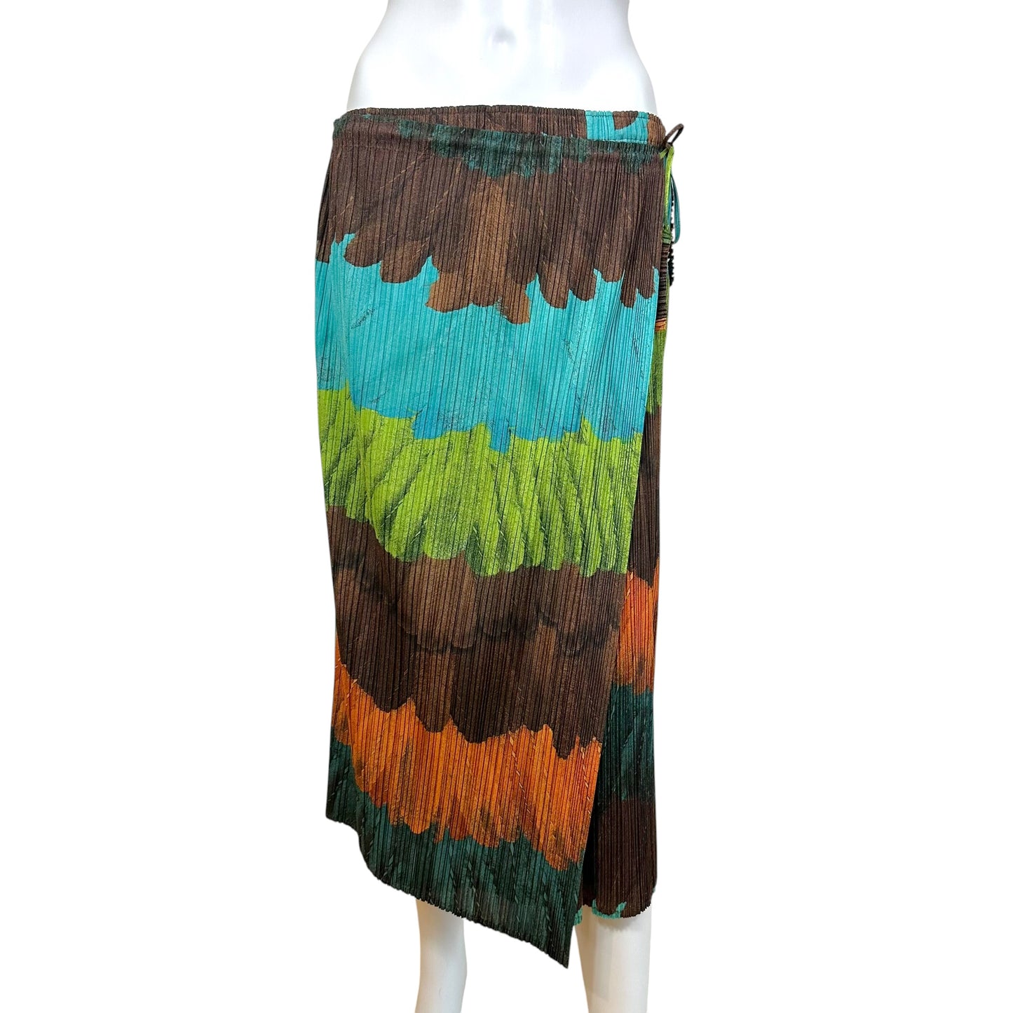 Issey Miyake Pleats Please Turquoise Brown Multi Feather Print Midi Wrap Skirt