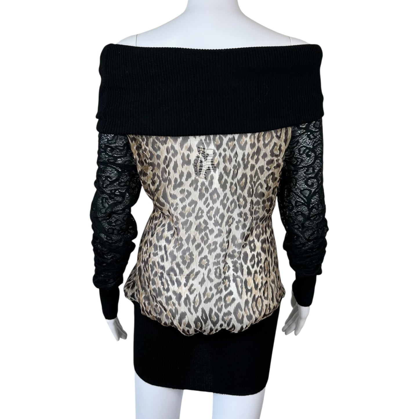 D&G Dolce & Gabbana Leopard Print Silk & Lace Off Shoulder Sweater