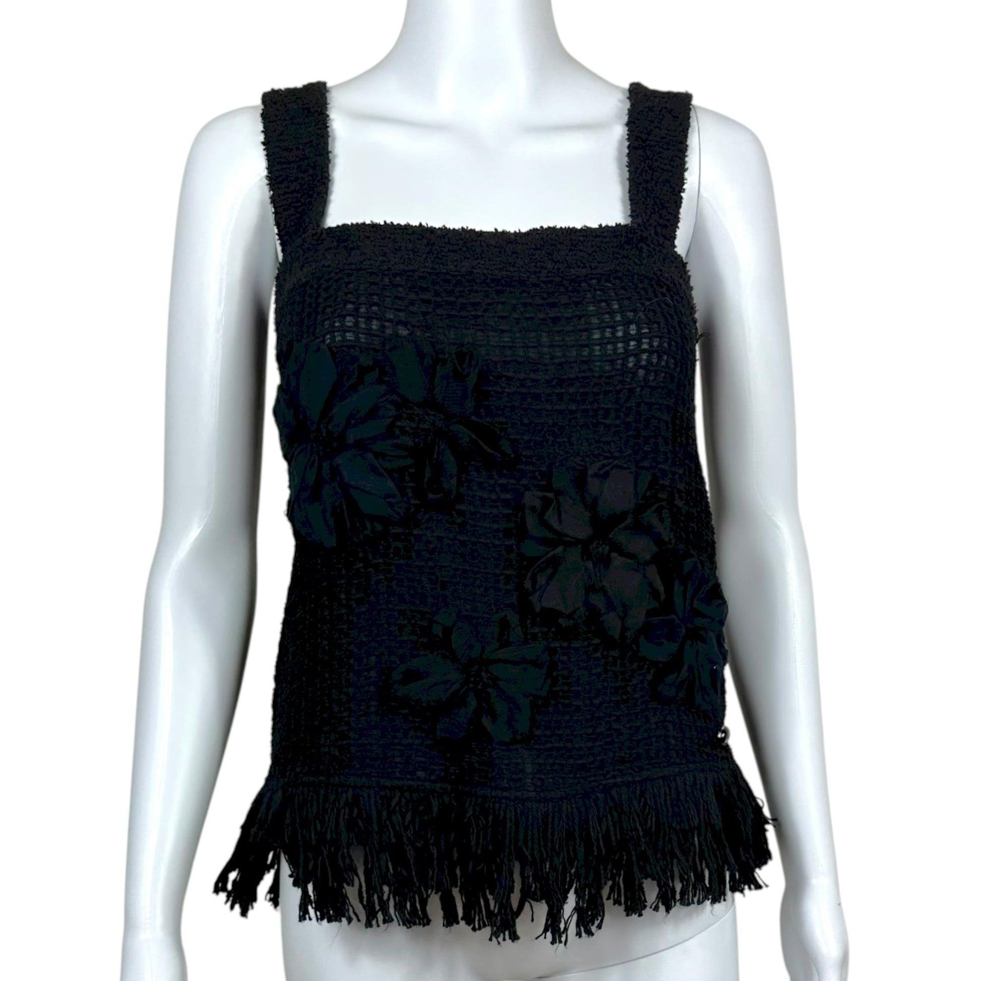 Chanel Navy Knit Fring & Floral Applique Tank - Outfit Repeater