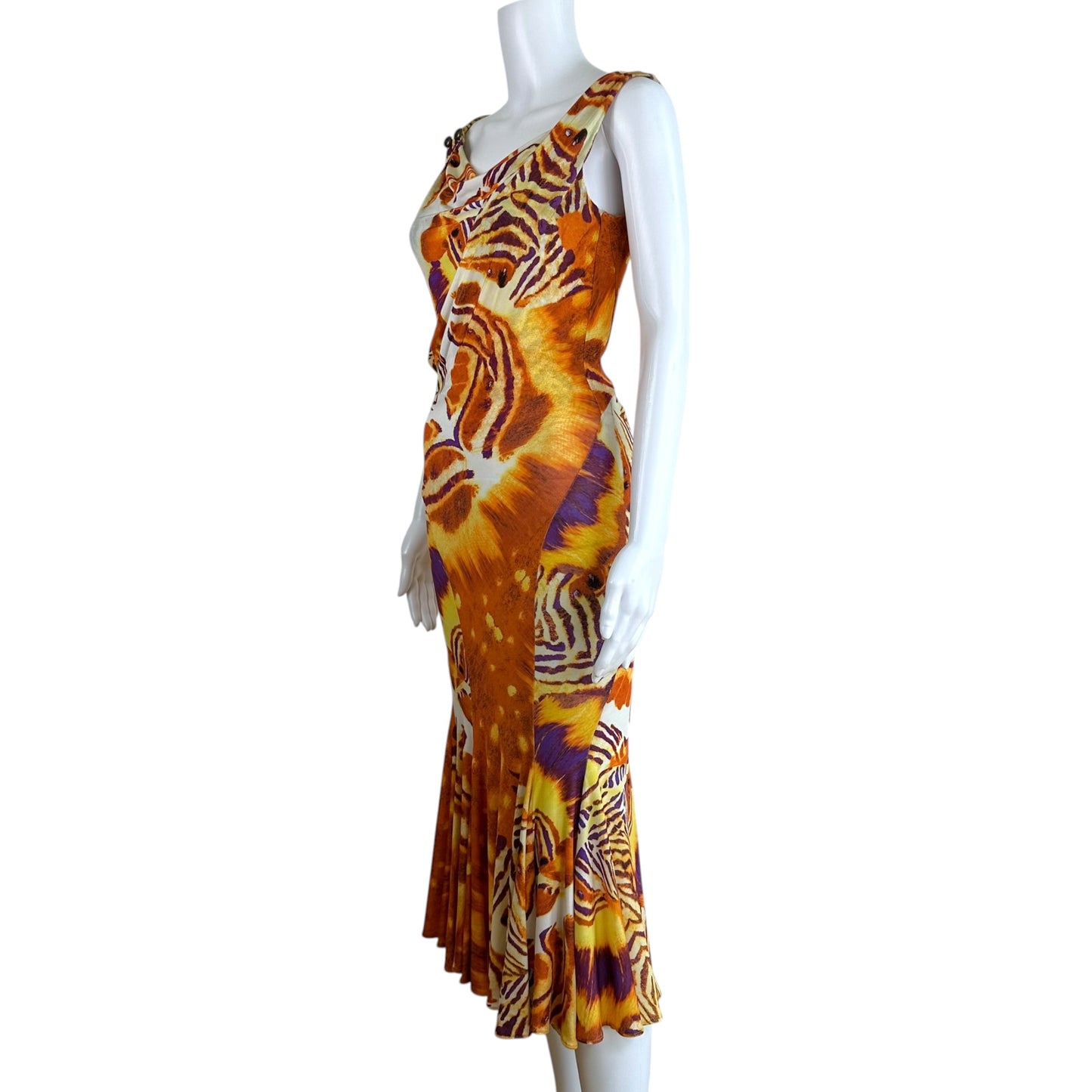 Roberto Cavalli Orange Purple Tiger Print Midi Dress