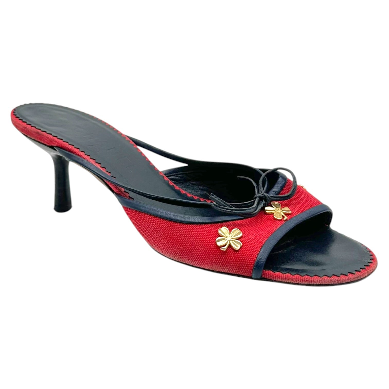 Chanel Red Navy Kitten Heel Mules Gold Clover Charms