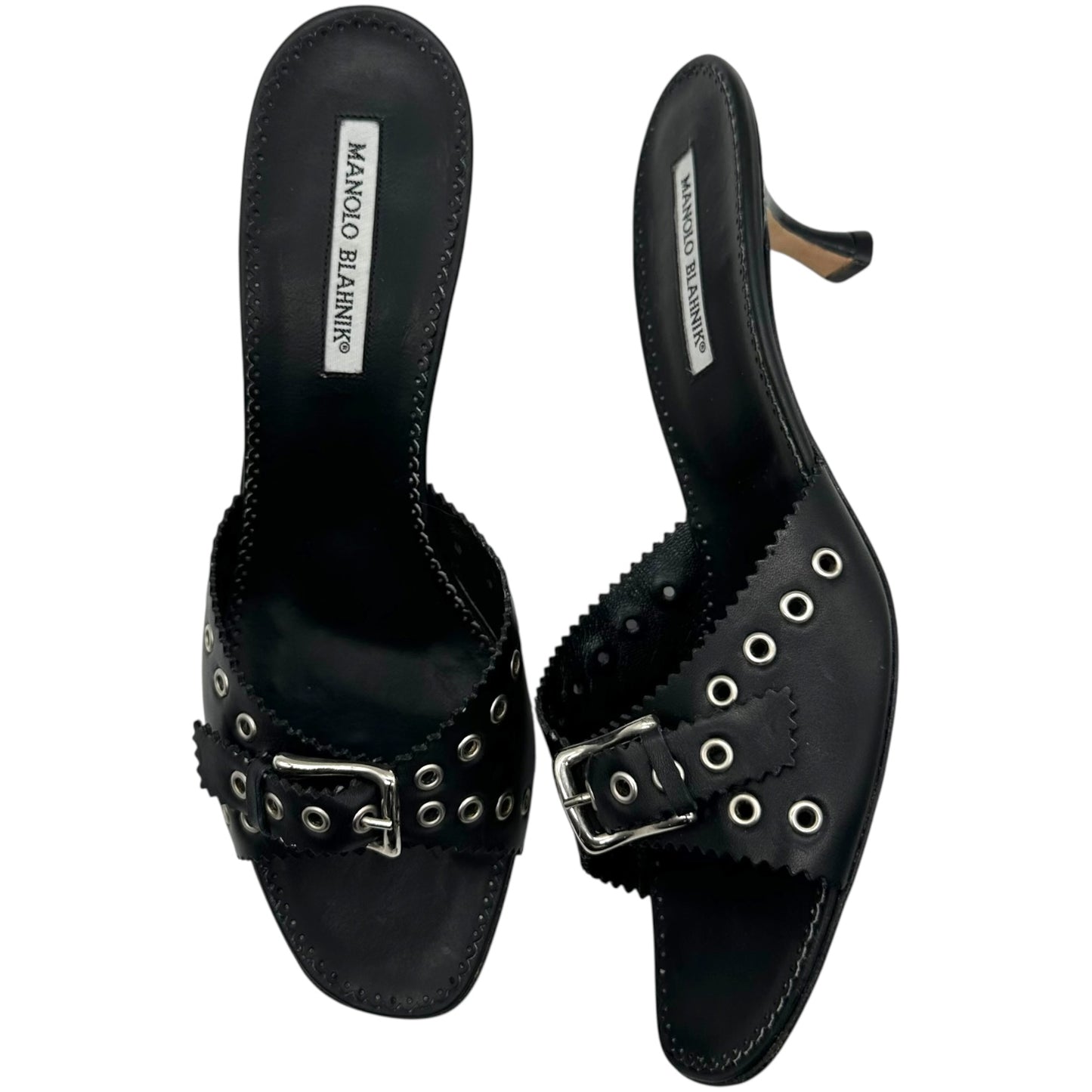 Manolo Blahnik Black Rivet Buckled Kitten Heel Mules