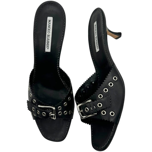 Manolo Blahnik Black Rivet Buckled Kitten Heel Mules
