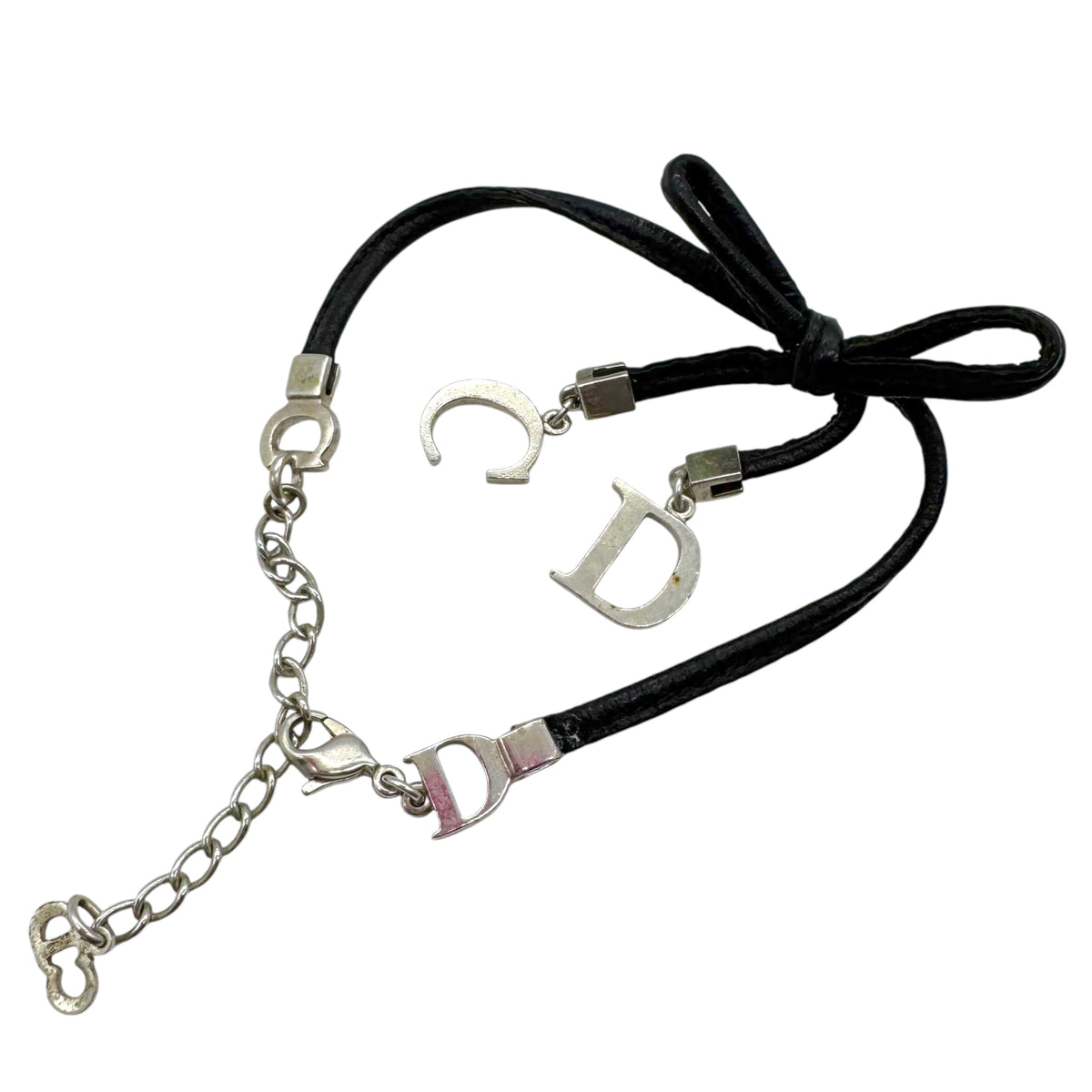 Christian Dior Black Leather Silver CD Logo Charm Bracelet